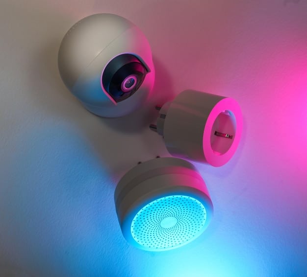 A close-up shot of a smart home security camera being hacked, with visual effects showing data being intercepted and a hacker interface subtly overlaid. This symbolizes the vulnerability of IoT devices to cyber threats.