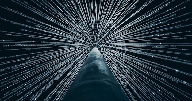 An abstract representation of data encryption, showing digital data flowing through a secure tunnel with visual effects indicating the encryption process. This highlights the importance of encryption in IoT security.
