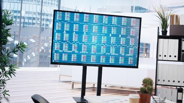 A close-up view of a real-time dashboard interface displayed on a large monitor in a control center. The dashboard features various widgets, gauges, and charts showing live data updates. The lighting is soft, highlighting the data elements.