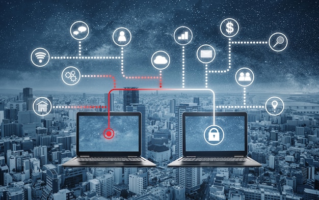A network diagram showing a remote worker connecting to a corporate network through an encrypted tunnel using an updated VPN protocol. Icons of firewalls, intrusion detection systems, and endpoint protection software are visible, illustrating a multi-layered security approach.