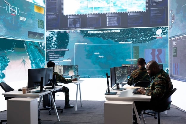 A visual representation of a security operations center (SOC), showing analysts monitoring dashboards and responding to security alerts, highlighting the proactive monitoring and analysis activities of the Detect function.
