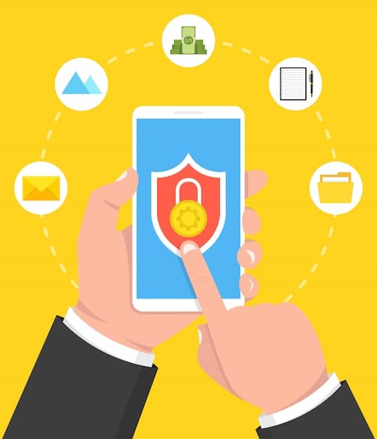 A hand holding a smartphone displaying a lock icon and overlaid with data encryption symbols. The background shows silhouettes of office workers, blending security technology with the human element of data protection.