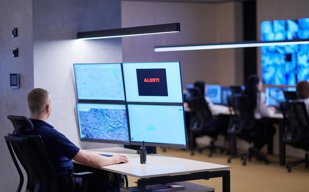 A security operations center (SOC) with multiple screens displaying security dashboards, network traffic analysis, and threat intelligence feeds. Analysts are actively monitoring and responding to alerts.