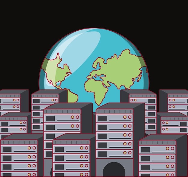 A graphical representation of a CDN network, showing content being distributed across multiple servers globally.