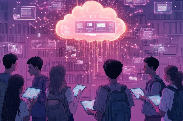 A digital illustration depicting a team of professionals collaborating on a project using cloud-based tools. The image emphasizes real-time data sharing and seamless communication across devices.