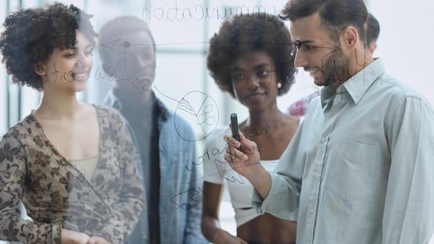 A diverse team of IT professionals collaborating around a whiteboard, illustrating the teamwork and expertise required for successful cloud migration.