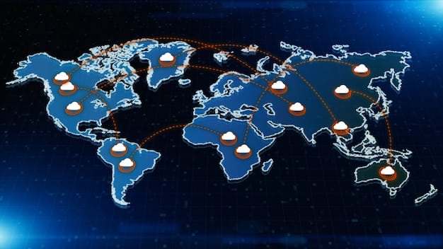 A world map with highlighted areas, representing CDN nodes distributing content across the globe, to reduce latency and improve access times for users.