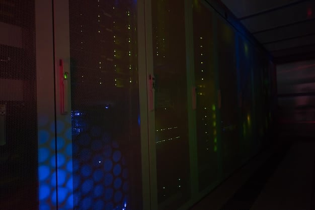 A close-up image of a server room with glowing lights and visible hardware. Overlaid on the image are digital icons representing different compliance standards like HIPAA, GDPR, and FedRAMP, symbolizing the integration of physical infrastructure with digital compliance measures.