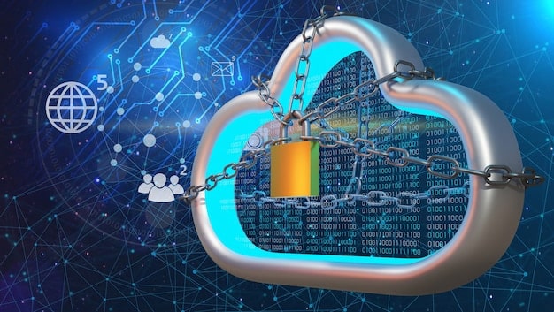 A graphic representation of a data breach, with digital locks being broken and data flowing out. The graphic emphasizes the vulnerability of data in the cloud.