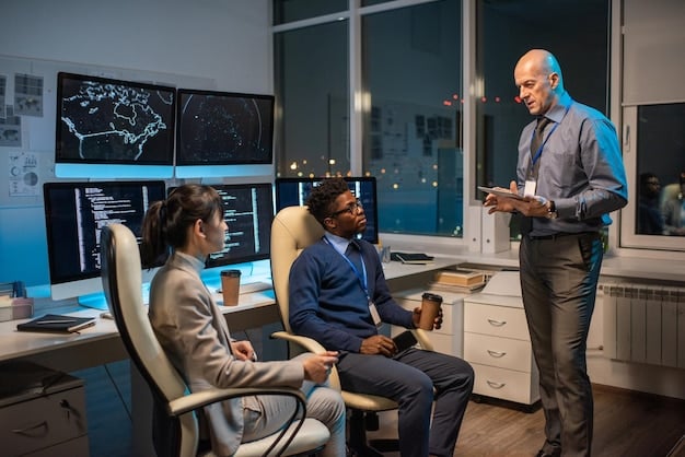 A diverse team of IT professionals in the US collaborate in a modern office, planning disaster recovery strategies with cloud schematics displayed on a large screen.