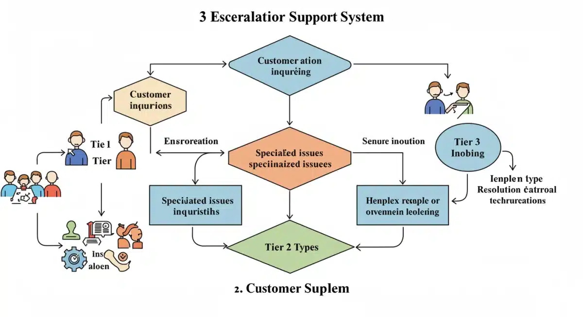 Flowchart depicting the escalation process in a 3-tier customer support system.