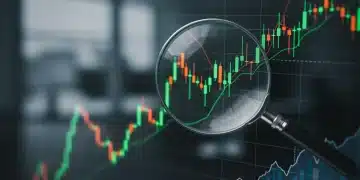 Magnifying glass over stock ticker data, symbolizing advanced financial analysis for hidden value.