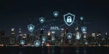 Futuristic digital cityscape with AI security shields protecting digital assets in 2025