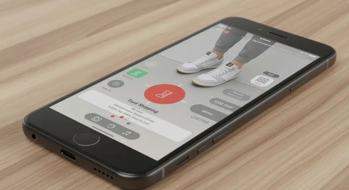 Augmented reality shopping experience on a smartphone, showing virtual try-on of sneakers.