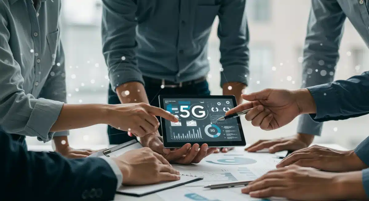 Business team leveraging 5G for data analysis and enhanced productivity