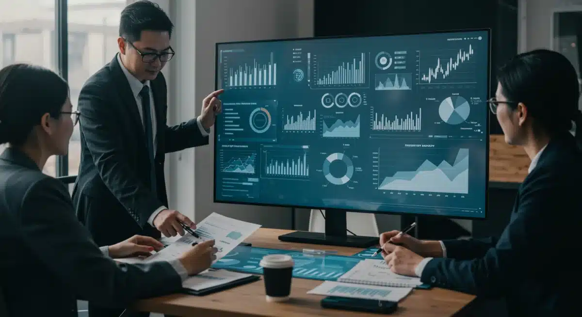Business team collaborating on predictive analytics strategies