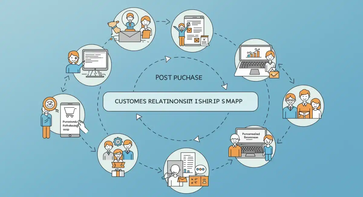 Customer journey map highlighting post-purchase engagement and personalized recommendations for repeat business.