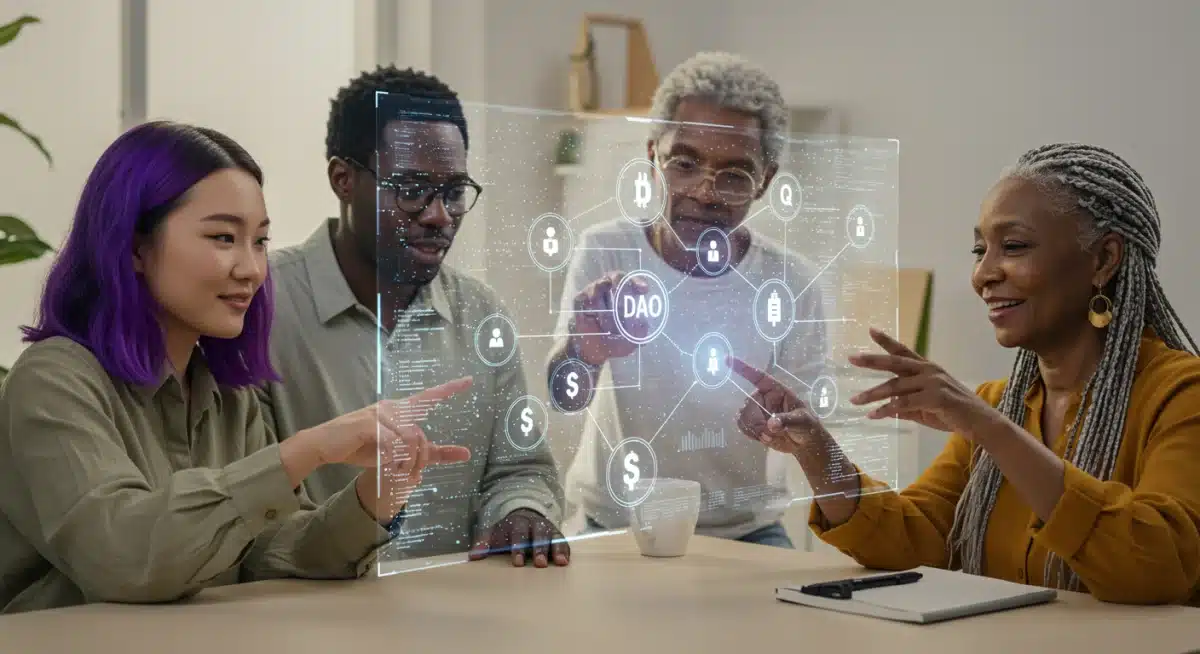 Diverse group collaborating on holographic DAO governance structure