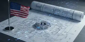 Blueprint with digital network and crypto elements for US DAO startups