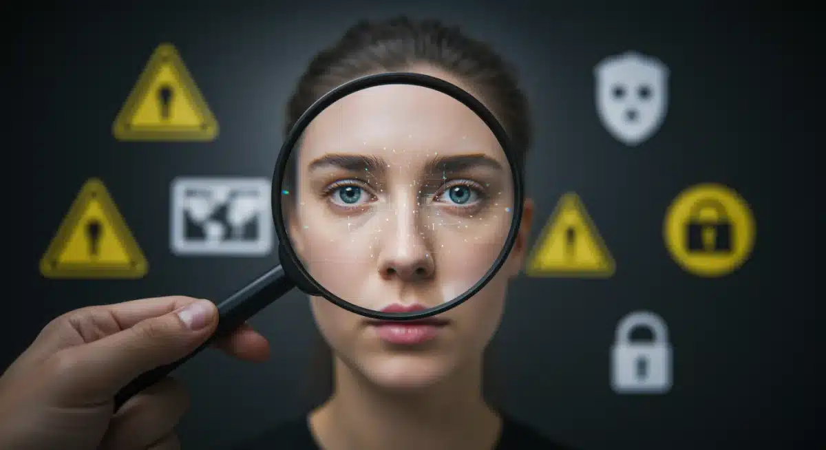 Deepfake detection challenge with a magnifying glass over an ambiguous digital face