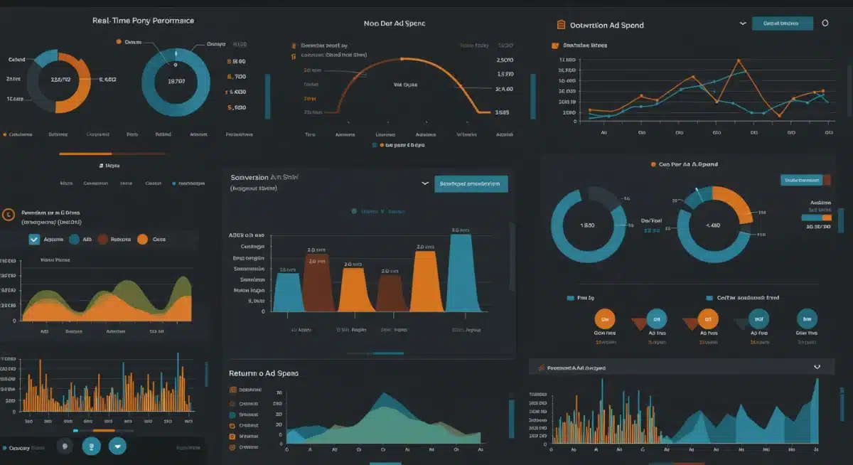 Digital advertising performance dashboard showing key ROI metrics and audience segmentation.
