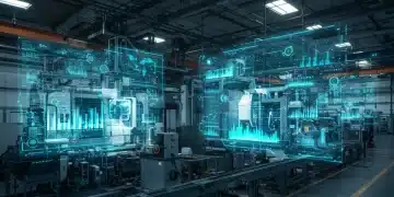 Futuristic factory with holographic digital twin projections optimizing operations
