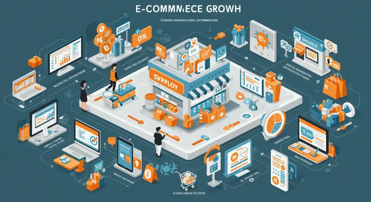 Infographic detailing key e-commerce growth drivers for 2025, including technology, consumer behavior, and supply chain.