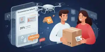 Seamless e-commerce return process with drone pickup and digital satisfaction metrics.