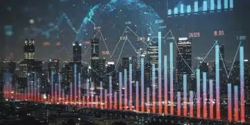 Financial charts and city skyline representing economic growth and global investment strategies for Q2 2025.