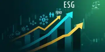 Illustration of three top-performing ESG funds with upward trends and symbols representing environmental, social, and governance factors.