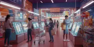 Futuristic digital marketplace with diverse shoppers and holographic products