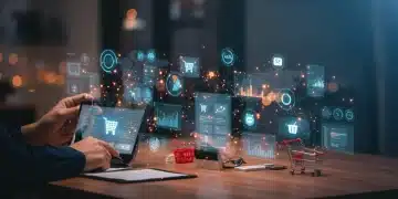 Futuristic digital marketplace with interconnected devices and growth charts for US e-commerce.