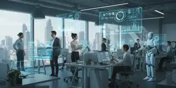 Futuristic office with digital technologies and diverse workers