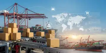 Global interconnected digital supply chain for US e-commerce showing automated logistics and shipping.
