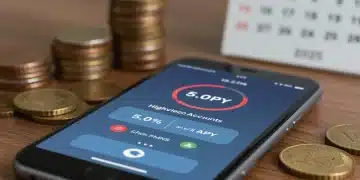Smartphone showing 5.0% APY high-yield savings account balance with coins and 2025 calendar