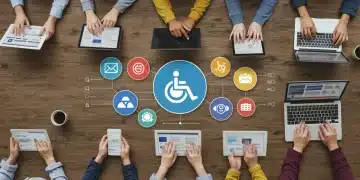 Diverse individuals accessing digital content online, symbolizing inclusive web accessibility.