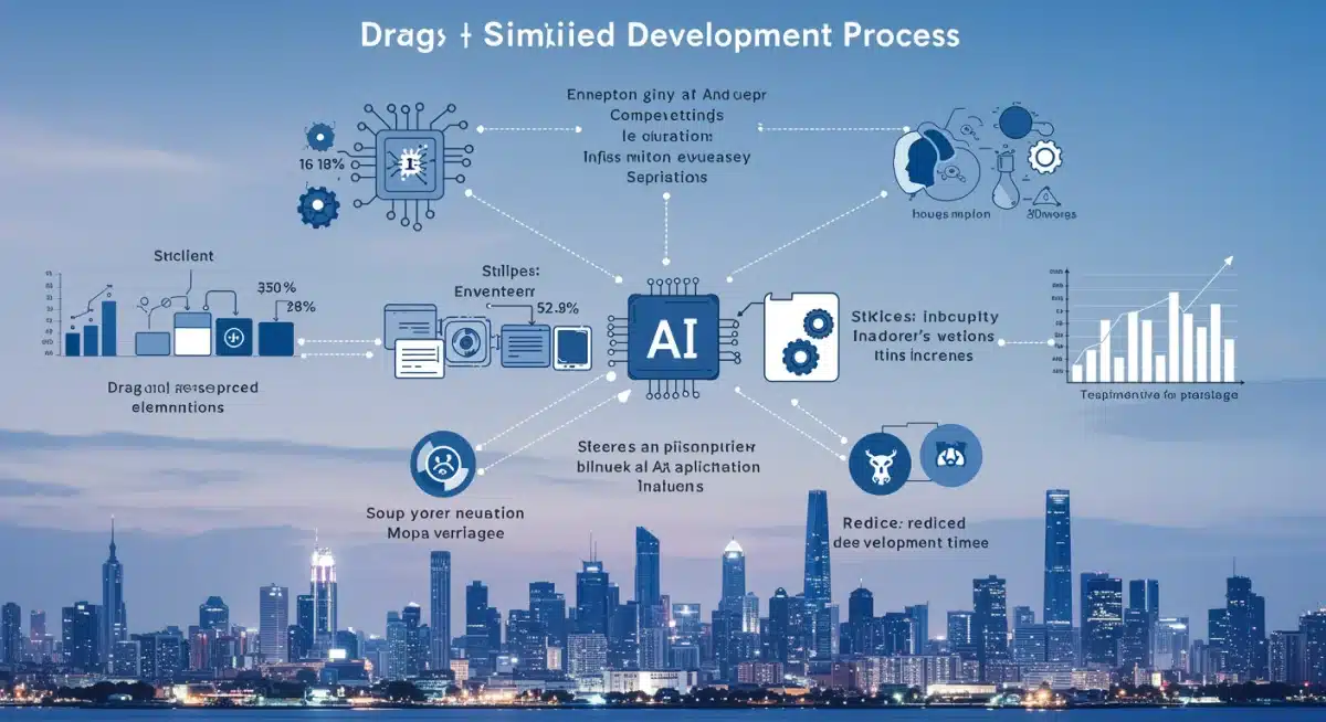 Simplified AI development interface showing drag-and-drop components and productivity metrics