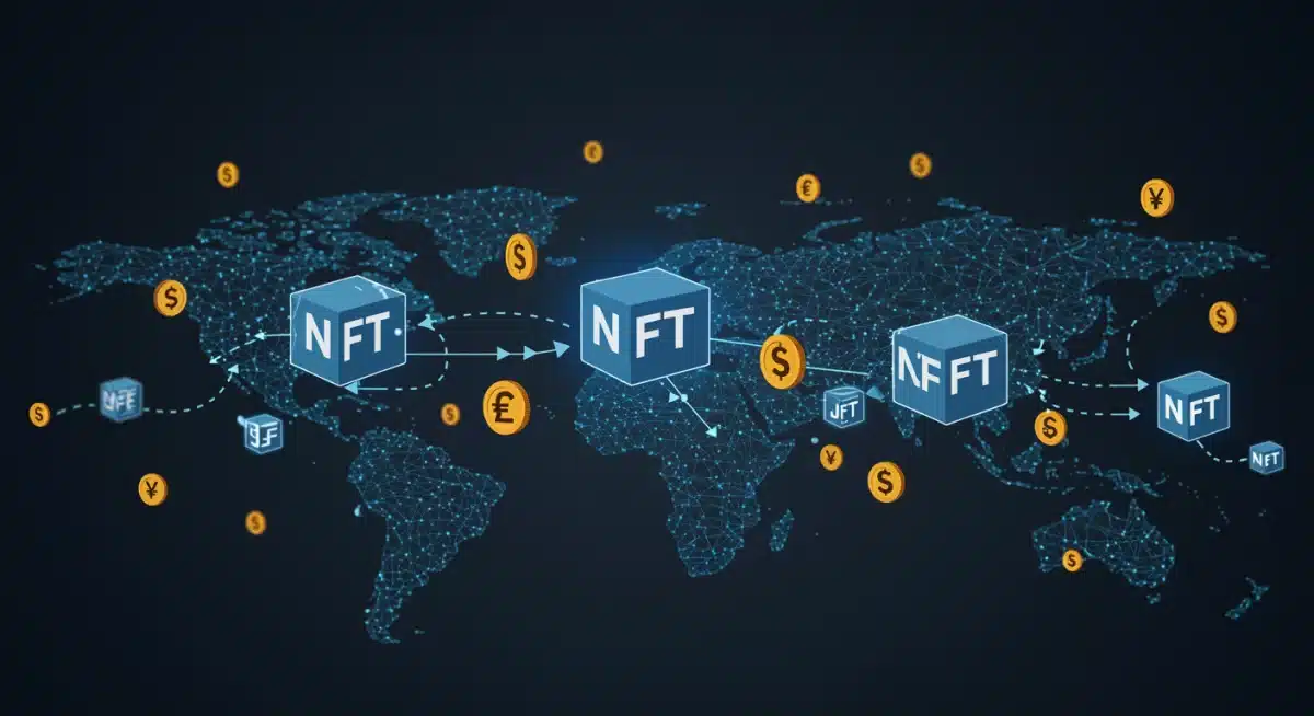 Blockchain and NFT infrastructure within the metaverse, showing secure digital transactions and currency.