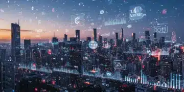 Futuristic metaverse city with U.S. business integration and financial data streams, representing economic growth.