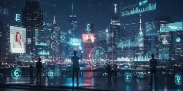 Futuristic metaverse city with financial data overlays and investor avatars, symbolizing high-growth investment opportunities.
