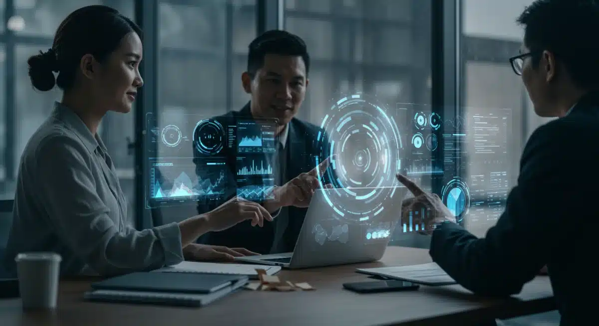 Professionals in a virtual metaverse meeting discussing financial projections and strategic collaborations.