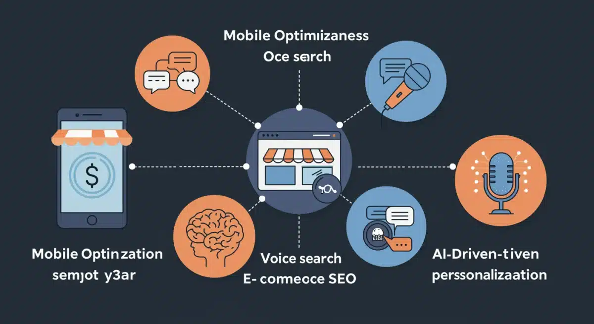 Infographic on mobile, voice search, and AI for e-commerce SEO