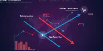 Digital interface showing optimized online store, reduced acquisition costs, and financial growth in 2025.