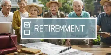 Seniors enjoying a secure and active retirement with a financial checklist in the foreground