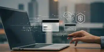 Secure online payment transaction with credit card and digital lock on laptop screen, representing e-commerce security.
