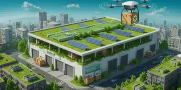 Sustainable e-commerce warehouse with green logistics and solar panels