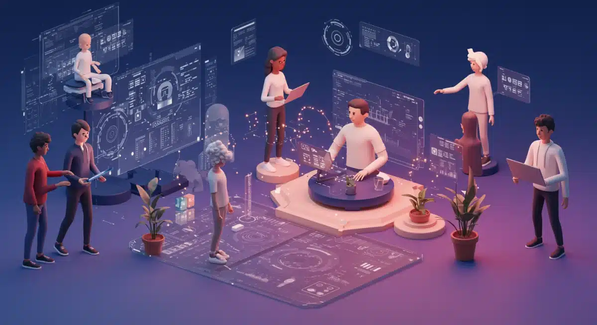 Virtual avatars collaborating in an AI-generated virtual world, showing synthetic media opportunities