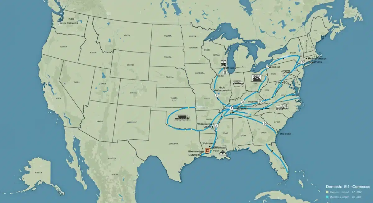 US e-commerce domestic logistics map with highlighted shipping routes and distribution centers.