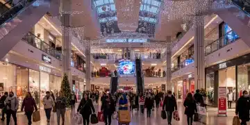 Bustling US shopping mall during Q4 2025 holiday season with diverse shoppers and festive decorations.