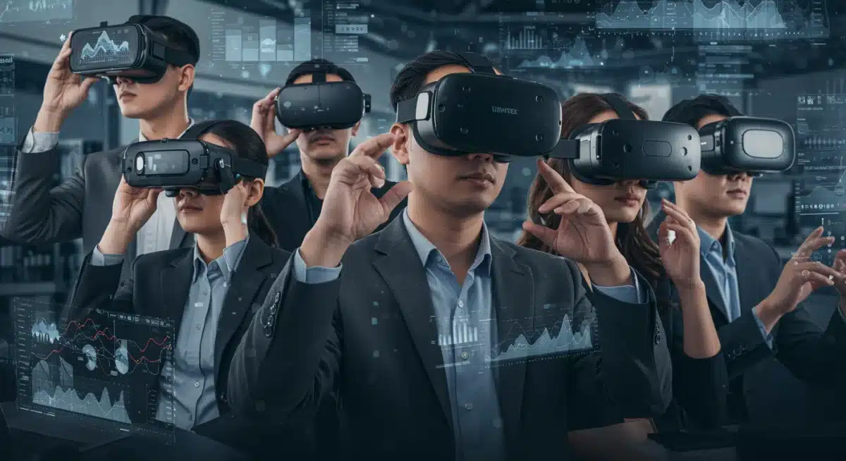 Diverse U.S. investors using VR/AR headsets to explore metaverse applications and opportunities.
